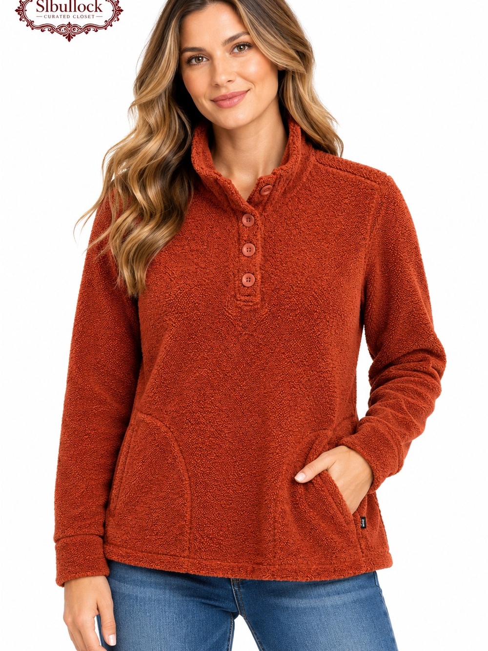 E15 Eddie Bauer Rust Fleece Pullover Button Mock Neck Size Small